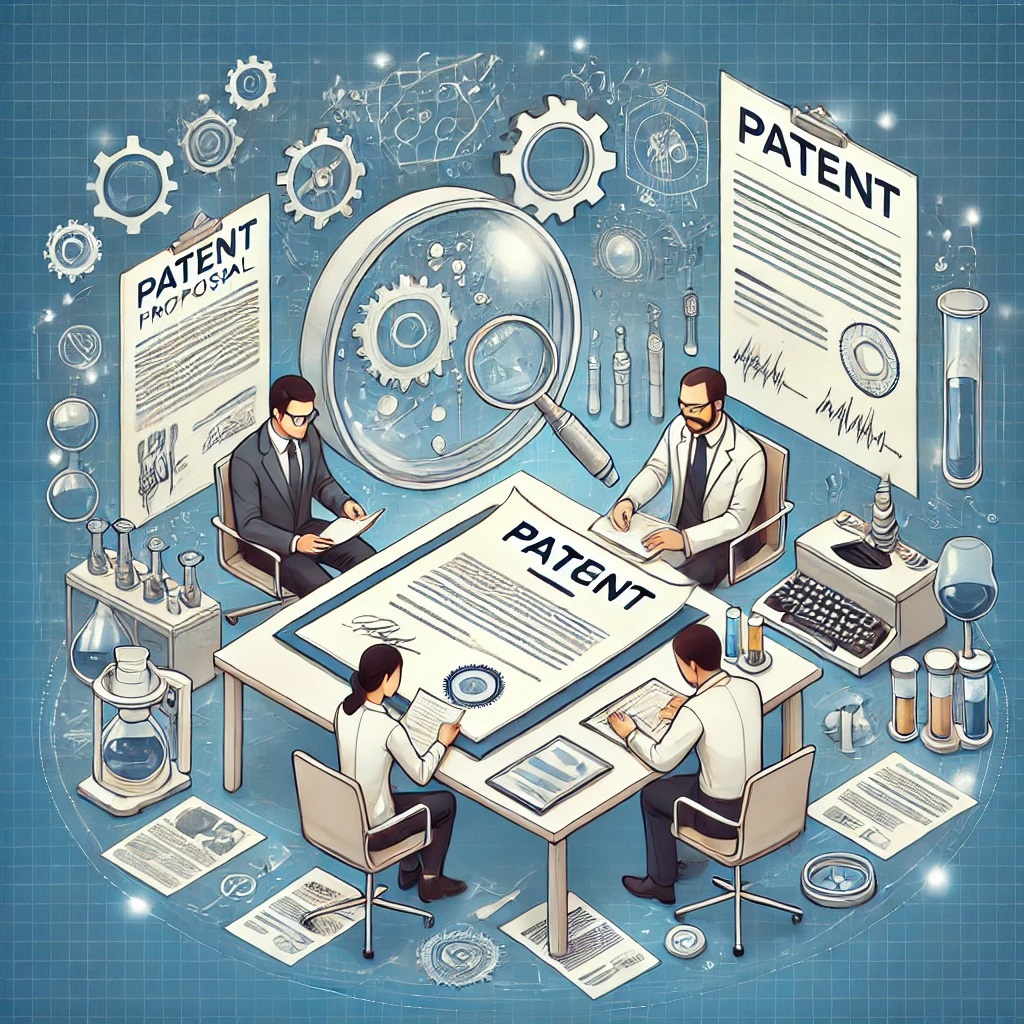 An illustration of researchers and innovators drafting a patent proposal, featuring elements like blueprints, scientific equipment, and legal documents on a modern desk. The scene conveys a professional and innovative atmosphere, emphasizing collaboration and precision in transforming research into patents.